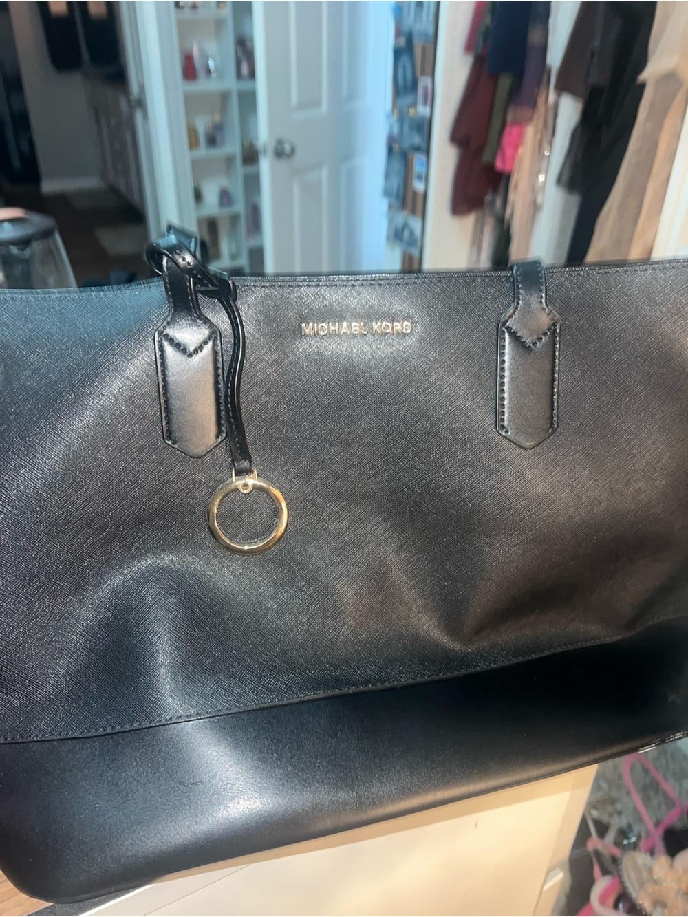 Michael Kors Black Leather Tote with Gold Accent